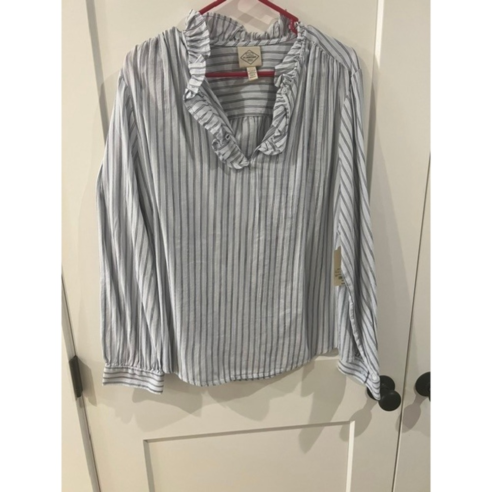 St. Johns Bay Womens XXL Blue White Striped Ruffle Neck Long Sleeve Blouse NWT